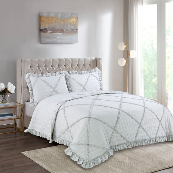Marina Decoration Lush Ruffled Textured Shabby Chic Stitching Coverlet Bedspread Ultra Soft Solid Summer Embroidered Quilt Set with Quilted Shams, Grey Color