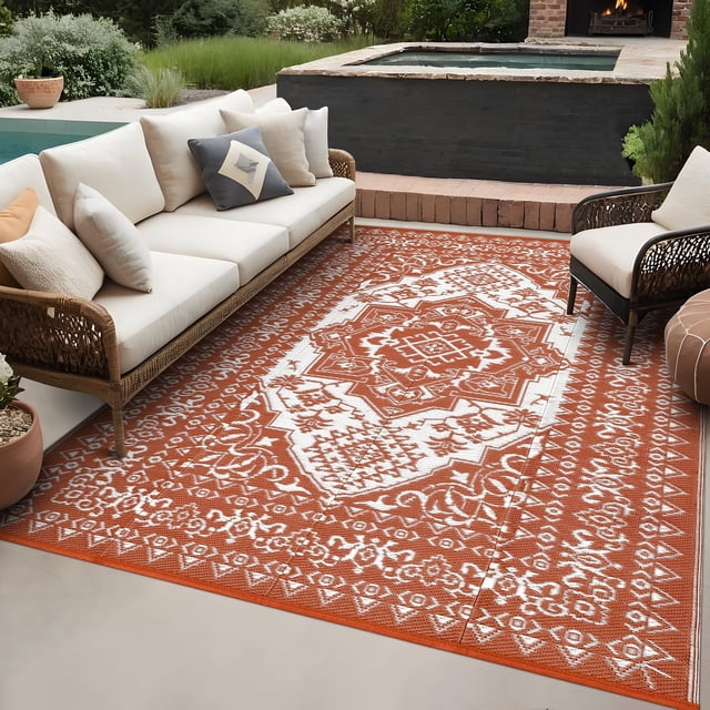 HOMERRY 10' x 14' Orange Red GeometricFloral Outdoor Rug Straw Plastic Area Rug for Balcony Pool RV Waterproof Reversible Carpet