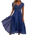 thumbnail image 2 of EGNMCR Robes de Soirée pour Femmes, Robes Formelles pour Femmes, Robes de Cocktail pour Femmes Femmes Unies à Manches Courtes Col en V Dentelle Mousseline Maille Taille Robes de Fête Jupe en Mousseline pour Femmes, 2 of 7