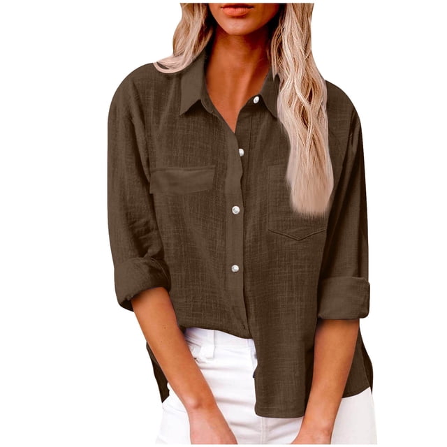 Timegard Womens Shirts Lapel Neck Long Sleeve Button up Side Split Work Casual Loose Blouse with Pocket