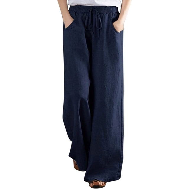 Pantalon Grand en Coton et Lin pour Femmes, Habillé Décontracté, Couleur Unie, Taille Haute, Pantalon de Détente, Pantalon Capri d'Entraînement pour Femmes