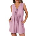 thumbnail image 1 of Combinaison Décontractée pour Femme d'Été à Manches Courtes, Col en V, Plissée, Nouée à l'Avant, Ample, Courte, avec Poches, Polyester, 1 of 9