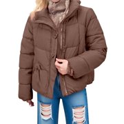 ManxiVoo Quilted Puffer Jacket for Women Full Zip Hooded Bubble Coat Winter Warm Long Sleeve Padded Parka XL Size Coffee