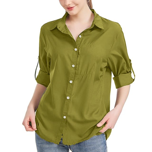 RXIRUCGD Blouse Chemise Décontractée pour Femme à Manches Longues, Col Rabattu, Couleur Unie, Hauts, Cardigan à Simple Boutonnage, Blouse avec Poches, Vert, Taille : L