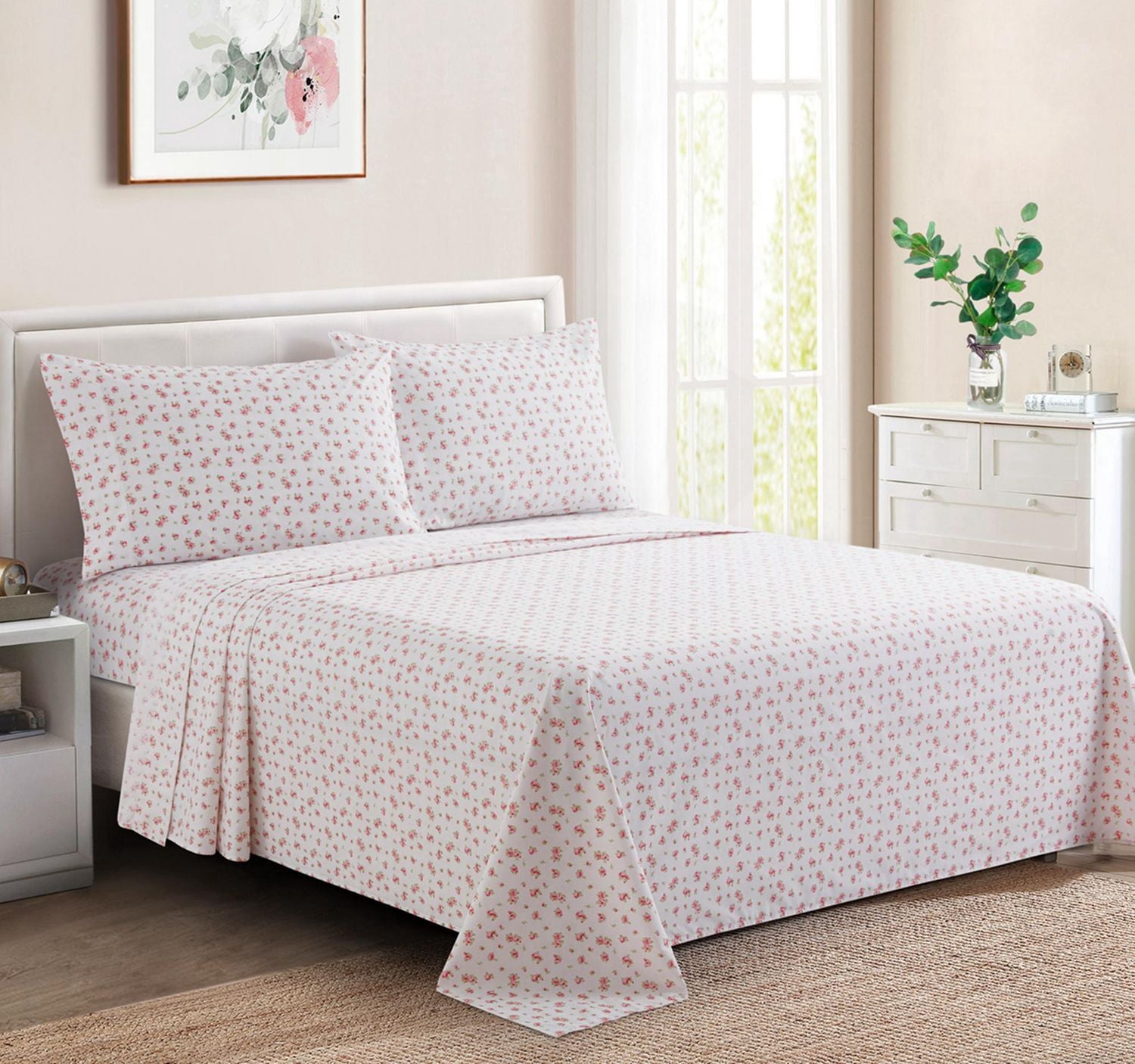 Literie Marina Décoration en percale de coton mélangé, douce et à poches profondes, 600 fils/cm², qualité hôtelière, motif floral rose.