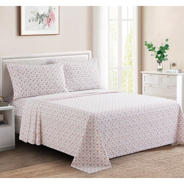 Marina Decoration Printed 600 Thread Count Soft Deep Pocket Hotel Standard Long Staple Cotton Blend Percale All Season Bedding Sheet Set, Pink Rose Floral Pattern