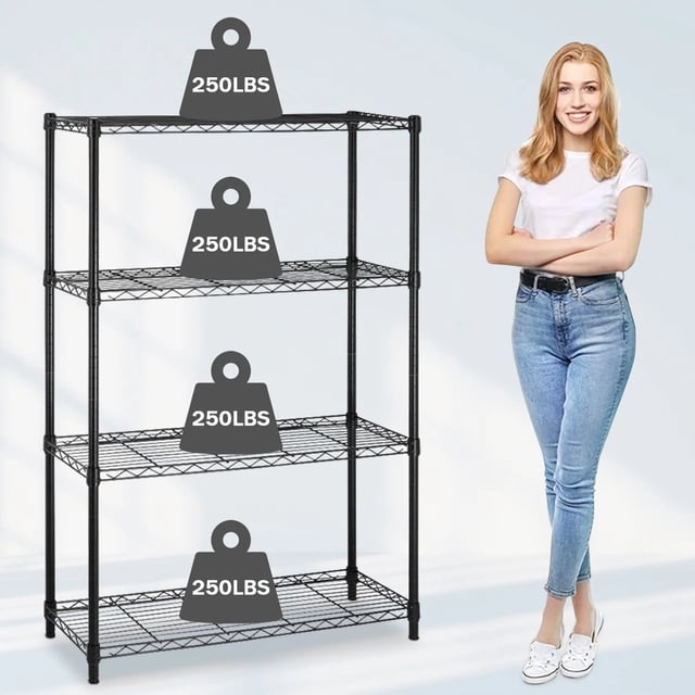 Storage Shelves 4 Tier Wire Shelving Unit in black, featuring a heavy-duty metal frame with four adjustable and removable shelves. Each shelf supports up to 250 lbs, with a total capacity of 1000 lbs. The unit measures 36 inches long, 14 inches wide, and 54 inches high. Shown with a person for scale and weight icons indicating load capacity, suitable for kitchens, garages, offices, and more.