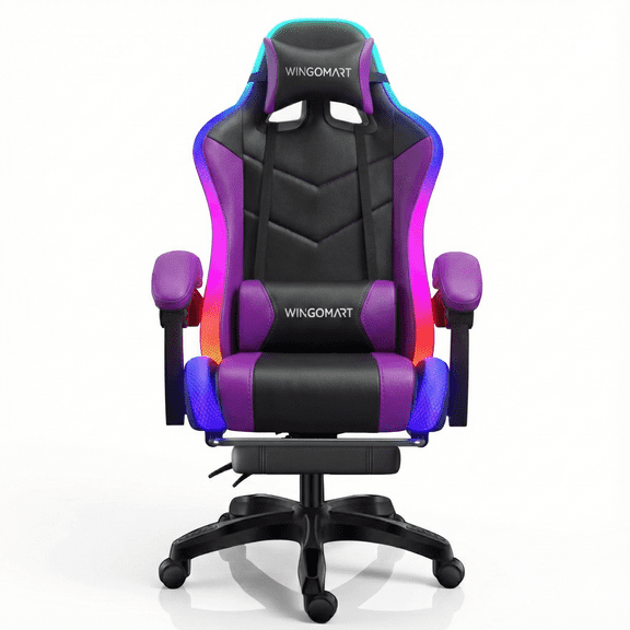 Wingomart Ergonomic Gaming Chair with Footrest, High Back Faux Leather Gaming Chair With RGB led light and Adjustable Armrest Height Adjustable Swivel