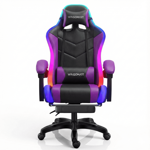 Wingomart Ergonomic Gaming Chair with Footrest, High Back Faux Leather Gaming Chair featuring RGB LED lights along the edges, adjustable armrests, and a swivel base. The chair includes a retractable footrest, detachable headrest, and USB electric massage lumbar pillow for added comfort. Designed with a high-density sponge cushion and smooth PU leather, it offers durability and support for up to 330 lbs. The backrest is adjustable from 90° to 180°, suitable for gaming, working, or relaxing.