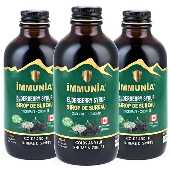 Immunia ELDERBERRY SYRUP - Formula made from Elderberry concentrate & medicinal plants. Colds & flu. Adults & kids. No sugar added. No alcohol. Delicious taste. Made in Canada (3 bottles)