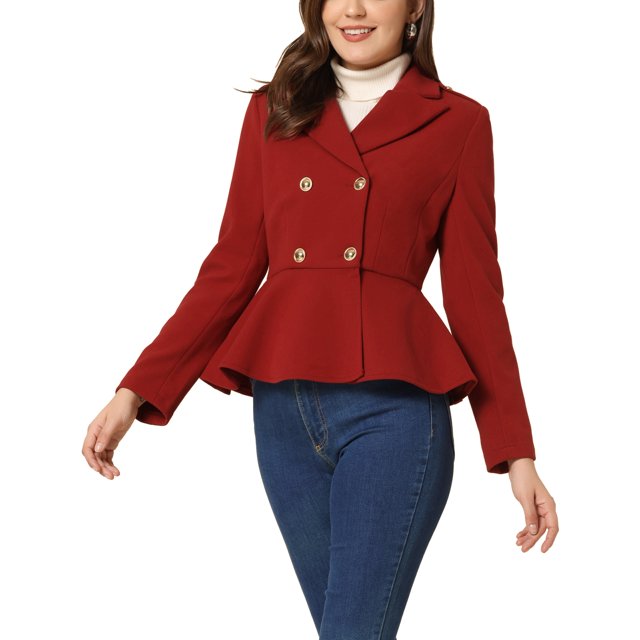 INSPIRE CHIC Women's Elegant Lapel Button Blazer Long Sleeve Ruffle Hem Work Wool Short Coat Burgundy S