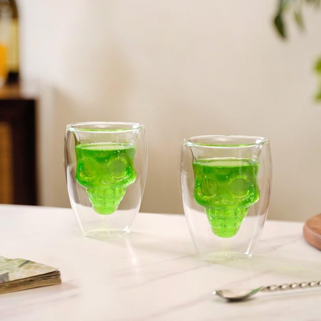 Borosilicate Glass Double Wall Skull Shaped Tumblers Set Of 2 - Clear, 250ml Each | Stylish Glasses For Cocktails, Parties, Margaritas - Dishwasher Safe, Transparent, Elegant