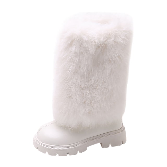 DHFJKG Girls Boots Mid Calf Boots With Zipper Fuzzy Lining Leather Upper Round Toe Lug Sole Non Slip Booties For Cold Weather Winter Gear Versatile Shoes
