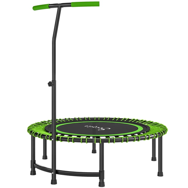 CoSoTower Trampoline de Rebond de 45 Pouces pour Adultes, mini Trampoline D\'entraînement Physique avec Poignée en T Réglable à 5 Niveaux. Comprend un Cadre de 45 Pouces de Diamètre en Vert et Noir, 36 Cordes Élastiques pour un Rebond Silencieux et Adapté aux Articulations, et un Cadre en Acier Robuste Pouvant Supporter jusqu'à 450 Lb. la Poignée Rembourrée de Mousse Offre de la Stabilité, et des Pieds en Caoutchouc Antidérapants Protégent les Planchers. Idéal pour l'Entraînement cardio, l'Équilibre et la Musculation à la Maison.