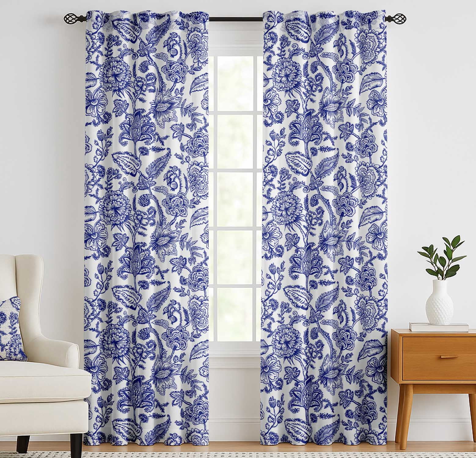 Vargottam Cotton Rod Pocket/Back Tab Curtains - 96" Floor-Length Drapes for Long Doors or Large Windows - Light Filtering, 3-in-1 Header - Set of 2, 52"x96" - Botanical Flower Print (Blue)