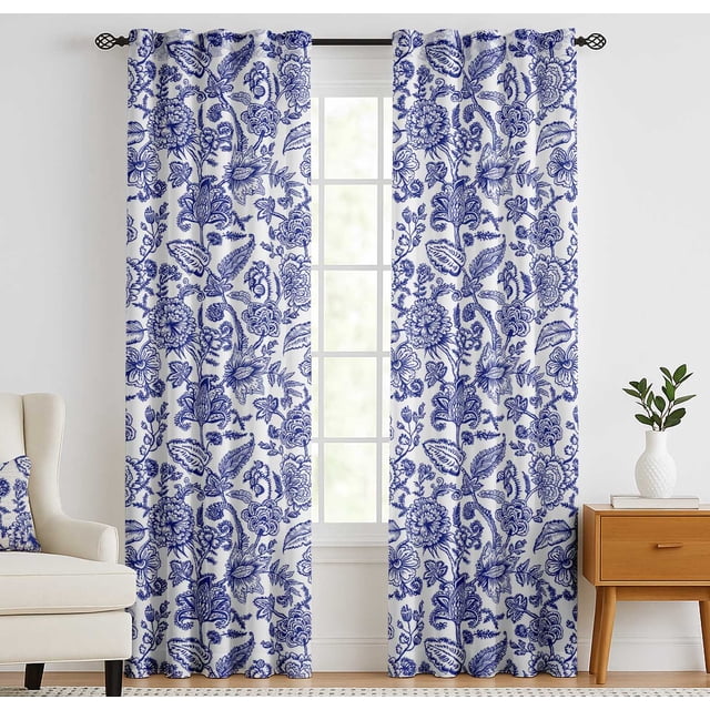 Vargottam 84 Inch Rod Pocket/Back Tab Cotton Curtains for Windows and Doors- Light Filtering Cotton- Light Filtering Drapes For Doors- Set of 2 Panels, 52"x84"- Botanical Flower Print (Blue)
