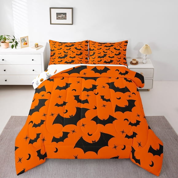 YST Twin Cute Bat Comforter Set for Kids Boys Girls,Orange Halloween Bedding,Happy Halloween Comforter Sets,Stars Moon Reversible Quilt with 1 Pillowcase Lightweight