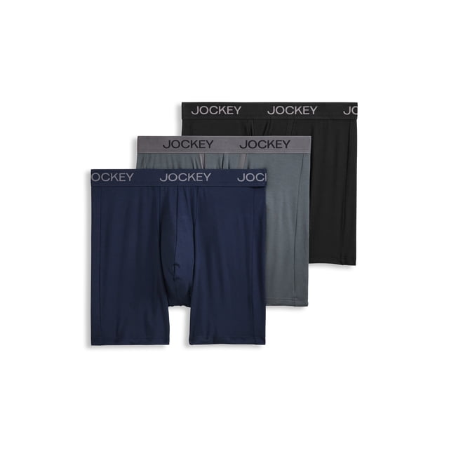 Jockey Men's Chafe Proof Pouch Ultra Soft Modal 6" Boxer Brief - 3 Pack featuring three mid-rise, full-coverage boxer briefs in navy blue, grey, and black. Designed with a chafe-proof pouch made of quick-dry mesh for enhanced breathability and reduced friction. The briefs include Staycool+ technology for moisture-wicking and a no-fly design for added comfort.
