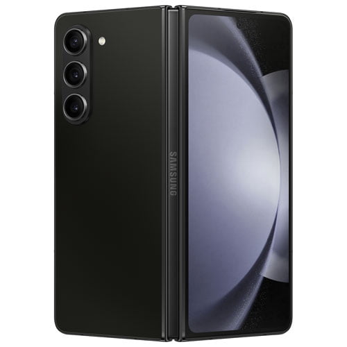 Restored Samsung Galaxy Z Fold5 5G Unlocked Smartphone in good condition, showcasing a sleek black design with a foldable Dynamic AMOLED 2X display. The phone is partially unfolded, emphasizing its triple rear camera setup and compact form factor. Designed for immersive streaming and gaming, it features a 7.6-inch main screen and 6.2-inch cover screen. Powered by the Snapdragon 8 Gen 2 processor and 12GB RAM, it is water-resistant with an IPX8 rating, suitable for multitasking and productivity.