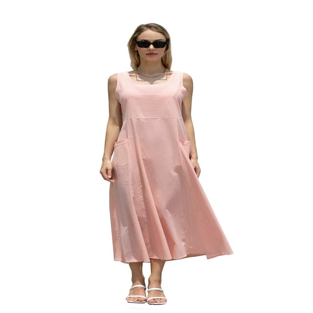 Tenue de Plage pour Femmes Robe Débardeur en Coton et Lin avec Poches Maxi Couleur Unie Bohemia Robe d'Été