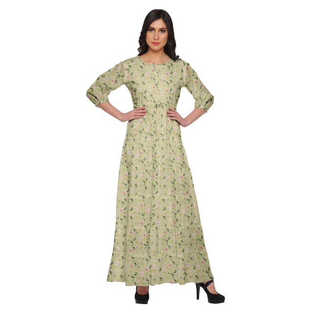 Moomaya Printed Round Neck 3/4 Sleeve Long Maxi Dress With Drawstring Waist