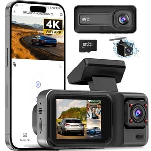 3 Chaîne 4K Dash Cam avec 5GHz WiFi & APP Commande, 4K+1080P+1440P Cam avant et arrière à l'intérieur 64GB Carte, Caméra Dash pour voitures avec vue de nuit