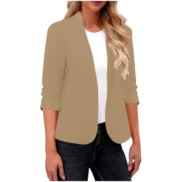 Women's Solid Color V-Neck Long Sleeve Casual Blouse Top Polyester Suit Jacket for Fall and Spring