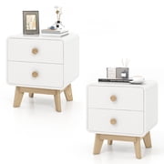 Costway 2 PCS Nightstand Mid Century Modern Bedside Table with 2 Drawers Solid Rubber Wood Legs White