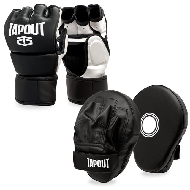 Tapout Noir 10 Oz Ensemble de 4 Gants et Tampons de MMA avec une Paire de Gants d'Arts Martiaux Mixtes Noirs de 10 Onces avec Doublure Intérieure Blanche pour Doigt et le logo Tapout, Accompagnés de Deux Tampons de Concentration Incurvés Noirs Bloquants avec Cercles Cibles Blancs, Conçus pour l'Entraînement et la protection de MMA.