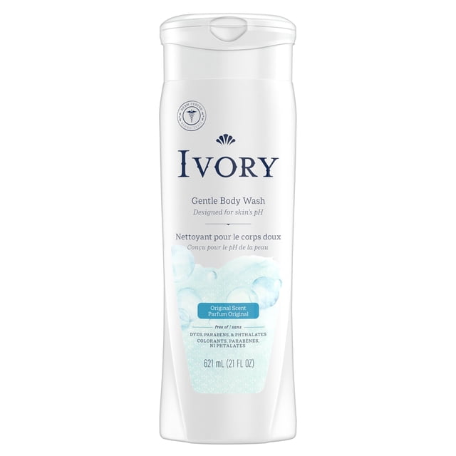 Ivory Mild & Gentle Body Wash, Original Scent, in a white 621 mL (21 fl oz) bottle with flip-top cap, featuring blue bubble graphics and text highlighting its gentle, dye-free, paraben-free, and phthalate-free formula designed for skin's pH balance and family use.