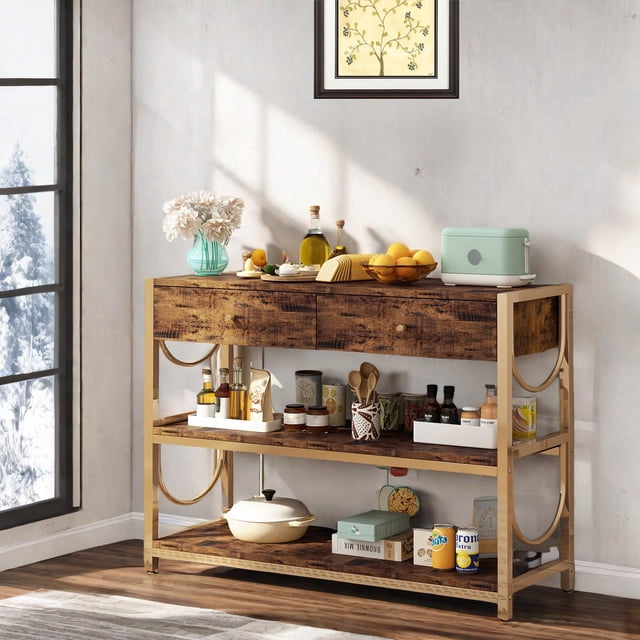 AKDSteel Table Console de Luxe Léger avec Tiroirs, Table d'Entrée Brun Rustique avec Cadre en U Doré et Deux Étagères