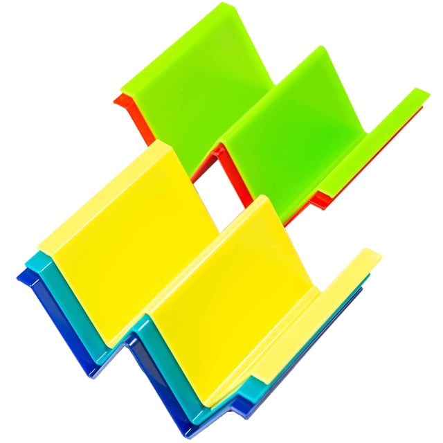 Youngever Taco Holder Stand Set of 5 in vibrant multicolour design, made of sturdy ABS material. Each stand holds two tacos upright for neat presentation. Dishwasher top rack safe and microwave safe, perfect for birthday tableware, parties, and outdoor events.