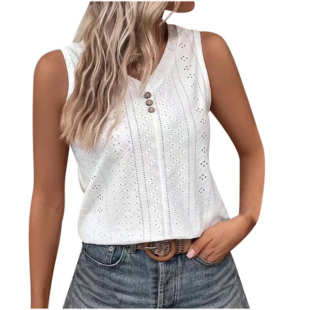 Timegard Womens Tank Tops Eyelet V Neck Button Slim Fitting Sleeveless Tops Casual Summer Beach Vacation
