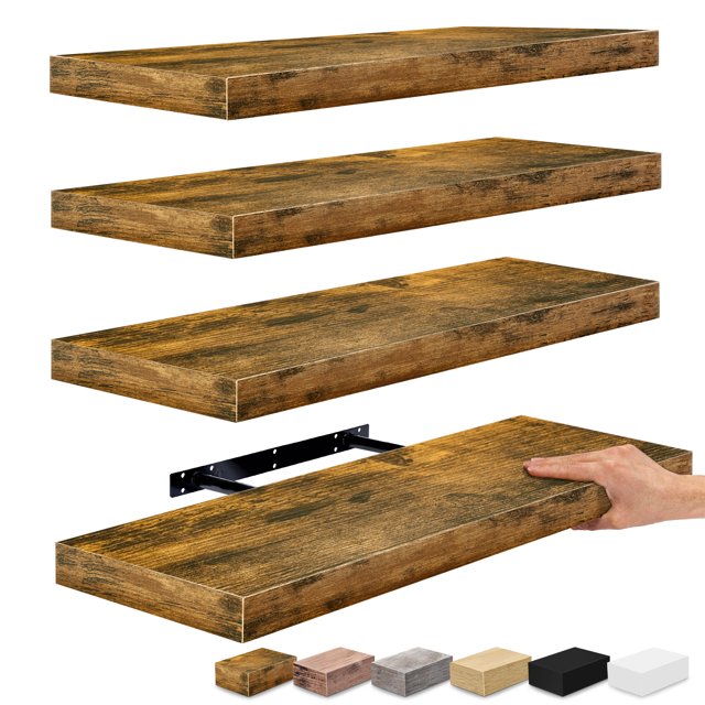 Sorbus Wall Mounted Floating Shelves for Wall Décor, a set of three 24-inch rustic brown faux wood shelves. The image shows the shelves in a staggered arrangement with a close-up of one shelf being installed using a black metal bracket. Ideal for displaying decorative items, toiletries, or kitchen essentials, these shelves enhance home décor in spaces like living rooms, bathrooms, or above desks. Includes additional color options displayed at the bottom.