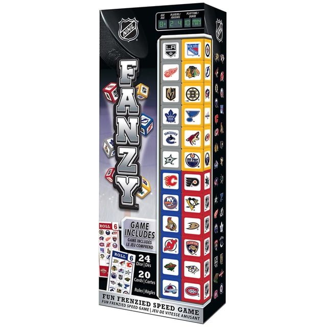 Masterpieces Puzzle Company NHL Fanzy Speed Dice Game box with 24 dice displaying NHL team logos in color-coded columns and 20 cards, designed for 2-4 players aged 8 and up, providing a fast-paced family dice game experience.