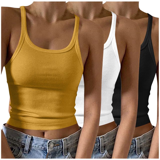 Timegard Camisoles 3 Pcs pour Femmes Col Rond Côtelé Sans Manches Ajusté Court Haut Décontracté Sortie Camis