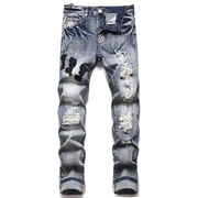 Men's Jeans Relaxed Fit Men's Vintage Washed Print Holes Jeans Splice Casual Breathable Denim Trousers Jeans Homme Blue XXXL