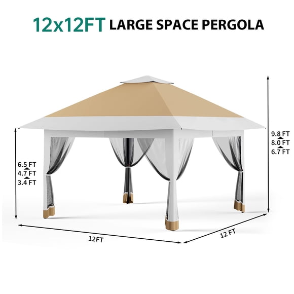 Cherish 12x12 Pop Up Gazebo Outdoor Canopy Tent, Outdoor Gazebo with 4 Sandbags, Double Tiers & Mesh Netting for Lawn, Garden, Backyard & Patio Furniture