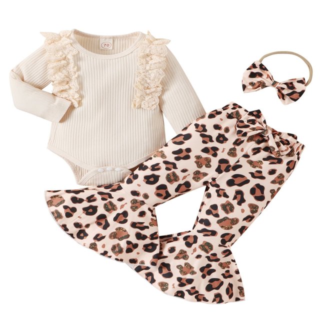 MesaSe Toddler Baby Girl Fall Clothes Solid Ribbed Long Sleeve Romper Flower Pattern Flare Pants Bow Headband Outfit