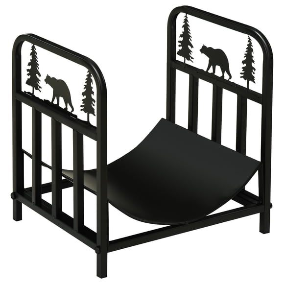 Outsunny Étagère à Bois avec Motif d'Ours et de Pin, Porte-Bûches, Noir