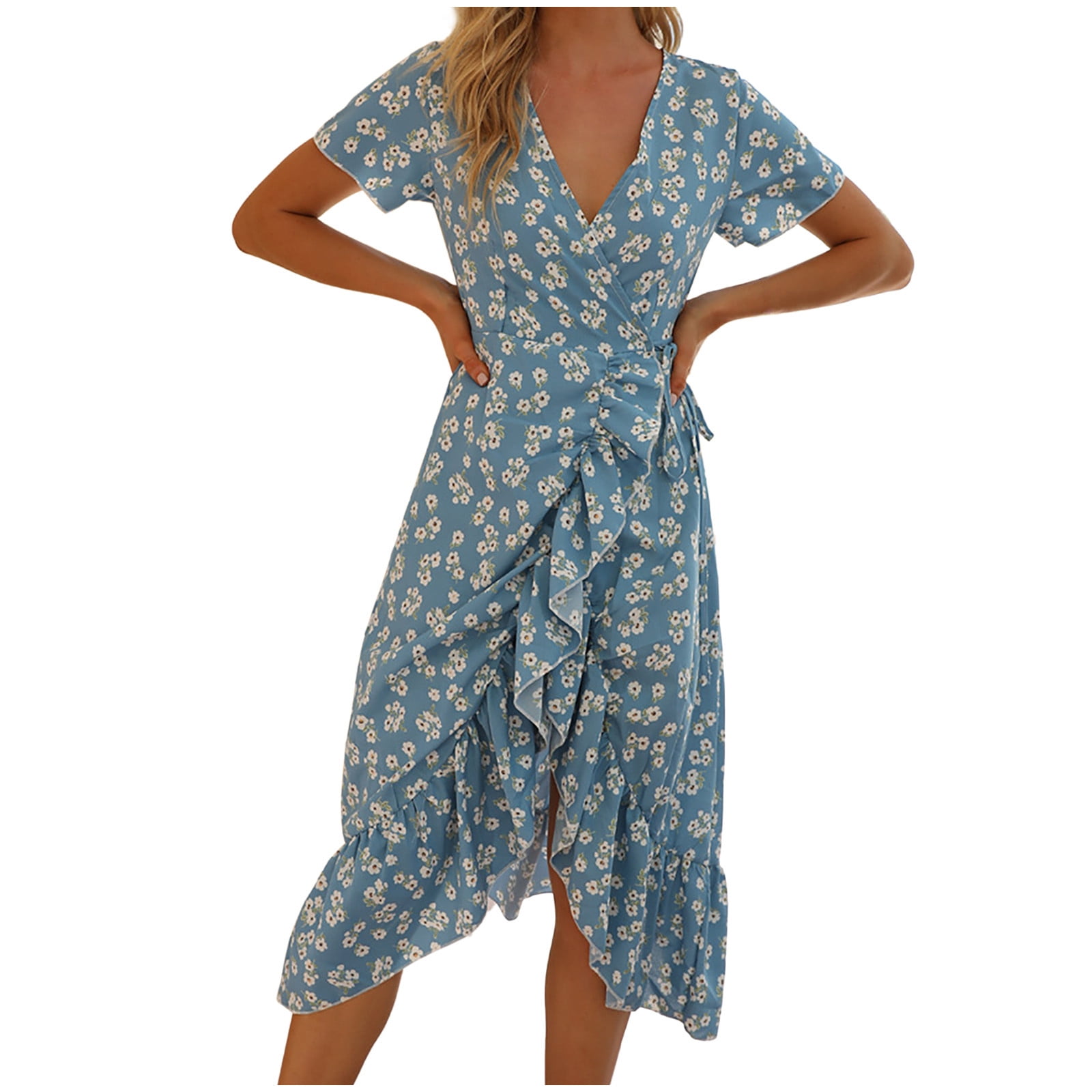 DPTALR Women Summer Ruffle Bandage Casual V-Neck Print Short Sleeve Dress