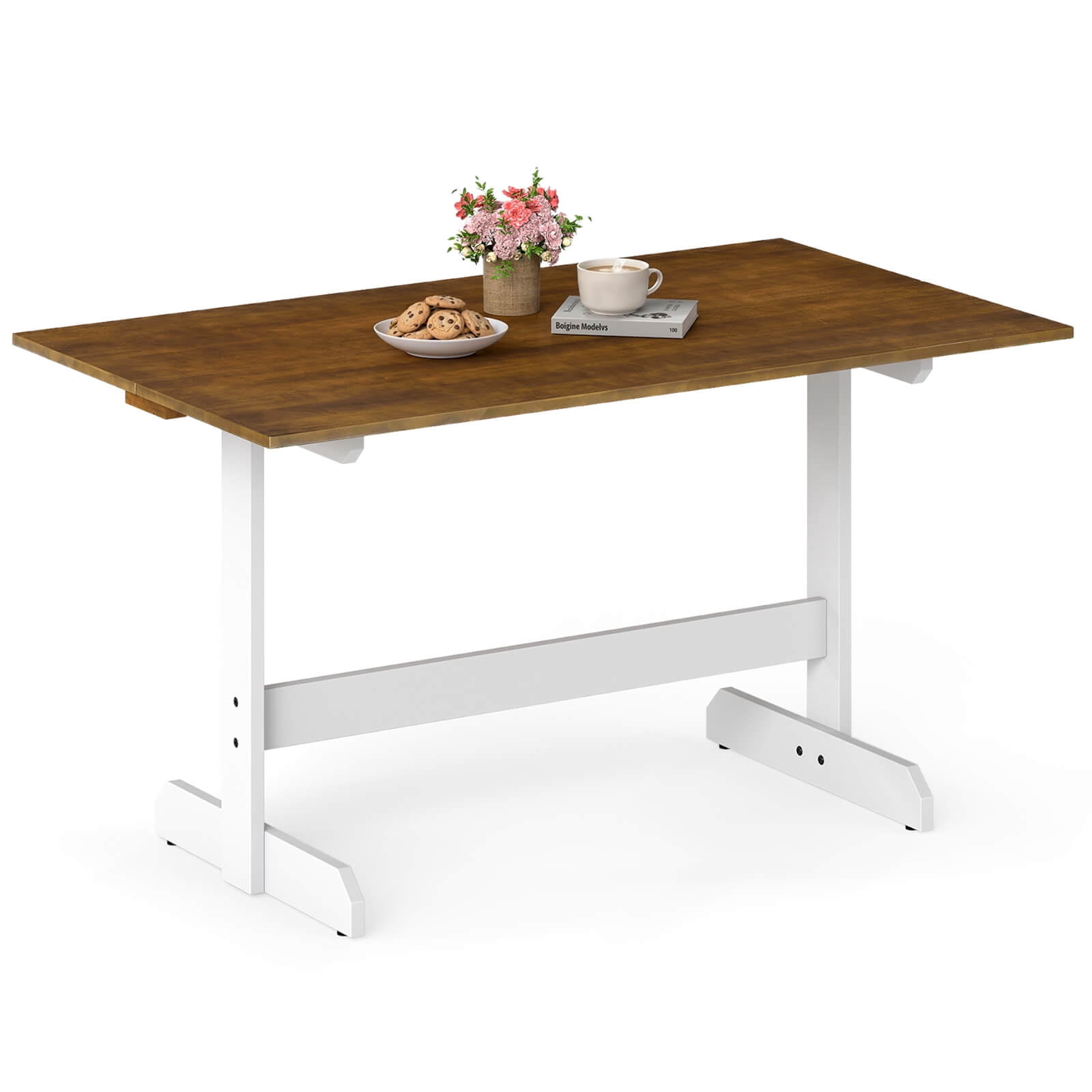 Costway 55" Dining Table for 4-6 People, Rectangular Kitchen Table with Wood Trestle Base Walnut + White