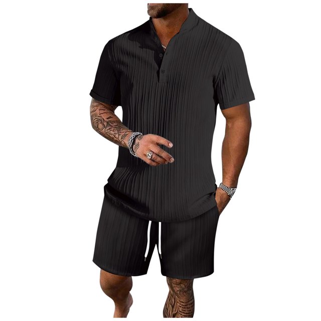 Birdeem Mens Stand Collar Button Blouse Short Sleeve Elastic Waist Lace-Up Lapel Suit