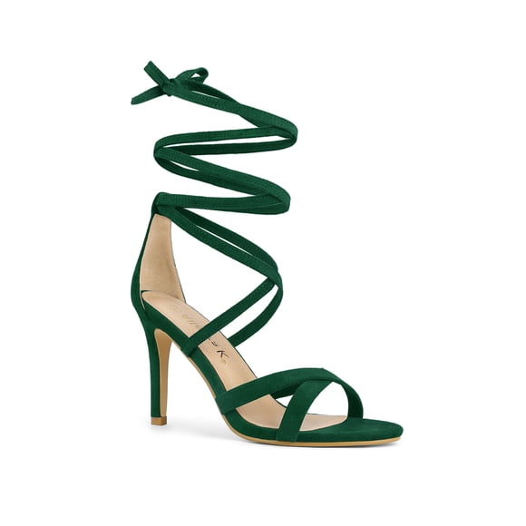 BLISSFUL STEP Women's Lace Up Heel Stiletto High Heels Sandals Dark Green 9