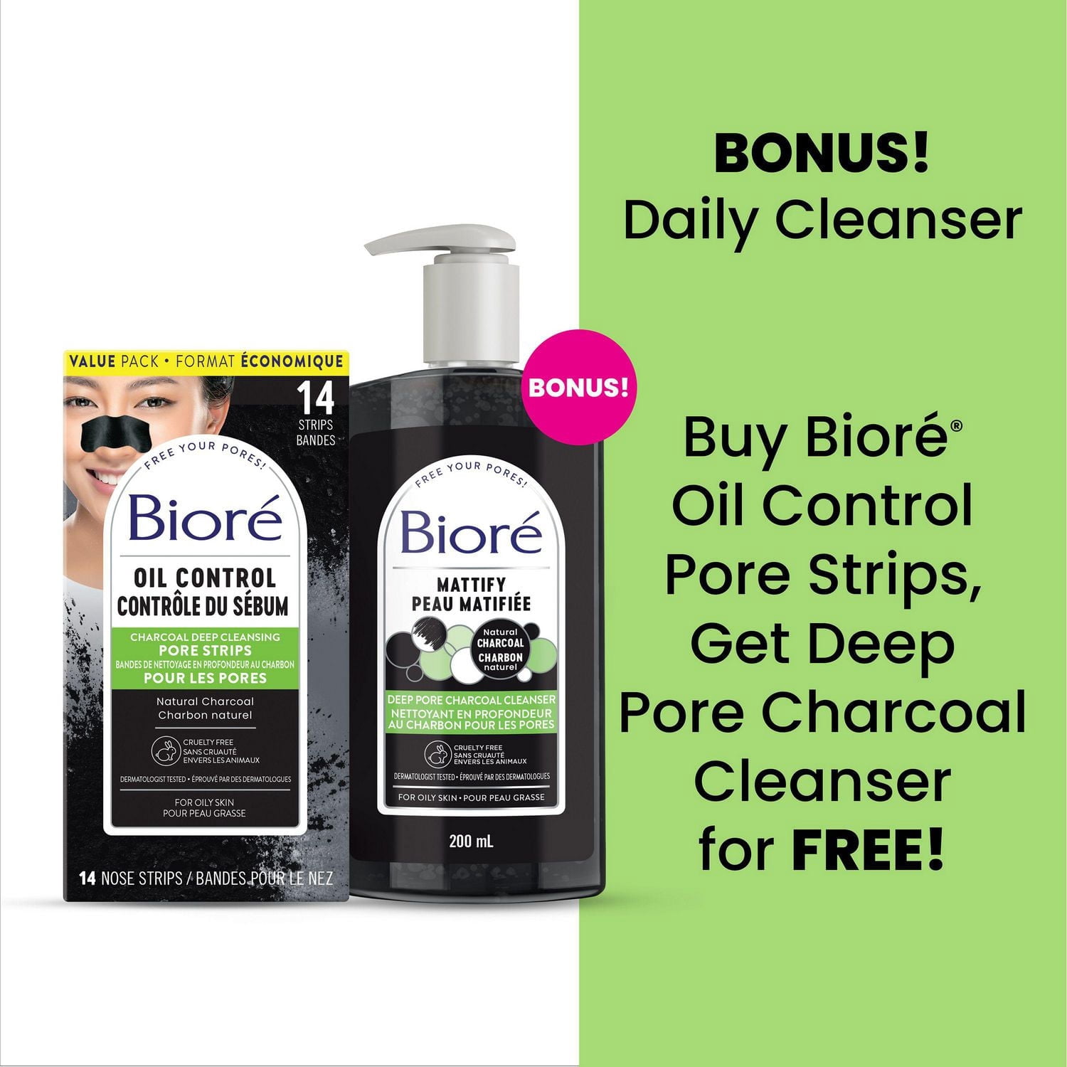 Paquet Boni! Bioré Bandes pour les Pores au Charbon Nettoyage en Profondeur Format Économique (14 Unités) & Bioré Nettoyant au Charbon pour Pores en Profondeur, Nettoyant pour le Visage pour Peau Grasse (200mL)