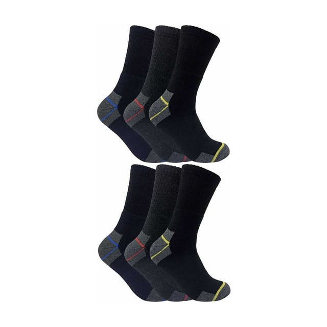 Sock Snob - 6 Pairs Mens Cotton Work Socks for Steel Toe Boots. These cotton-rich socks are designed for heavy-duty work, featuring reinforced heels and toes, full terry cushioning for sweat absorption, and smooth toe seams for comfort with steel toe boots. The pack includes six pairs in assorted black and grey tones with colored accents, suitable for UK sizes 6-11 and 11-14.