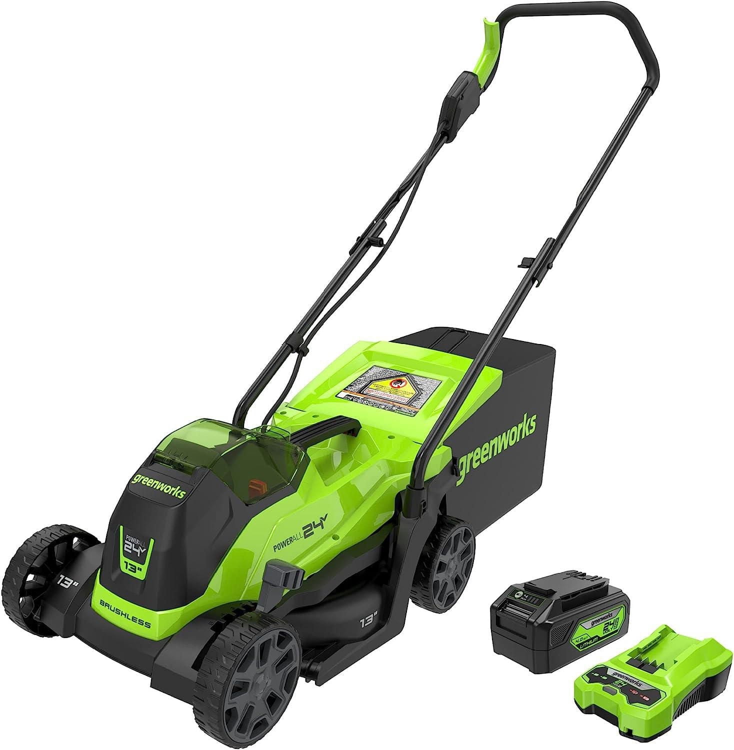 Greenworks Tondeuse à gazon sans balais 24V 13 po, batterie de 4Ah et chargeur inclus