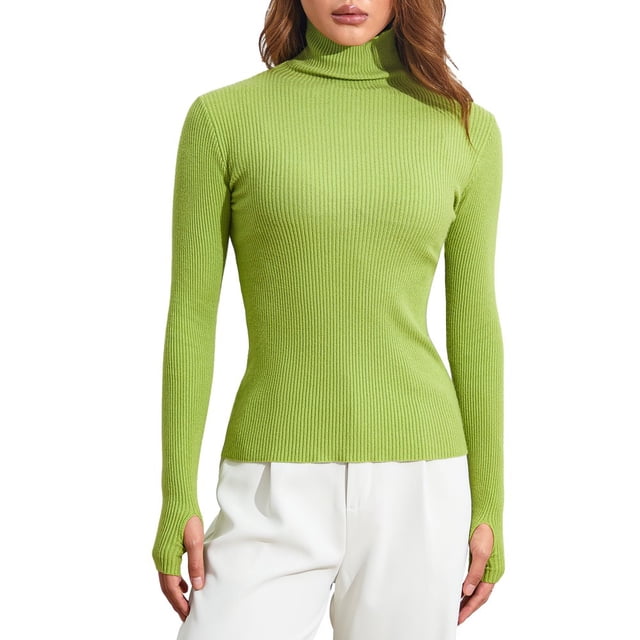 Hauts en Tricot Côtelé pour Femmes à Manches Longues, Col Roulé, Couleur Unie, Coupe Ajustée