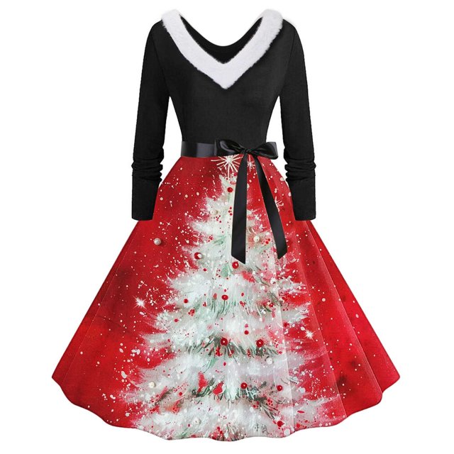 TIMIFIS Robes de Noël pour Femmes Imprimé de Noël Laid Robes Ligne A Robe de Bal Col en V Manches Longues Plissée Rétro
