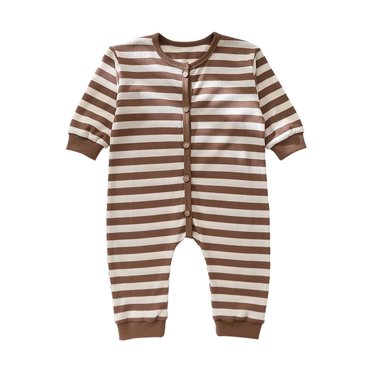 FAIWAD Unisex Baby Striped Cotton Romper Long Sleeve Round Neck Button Down Ribbed Jumpsuits